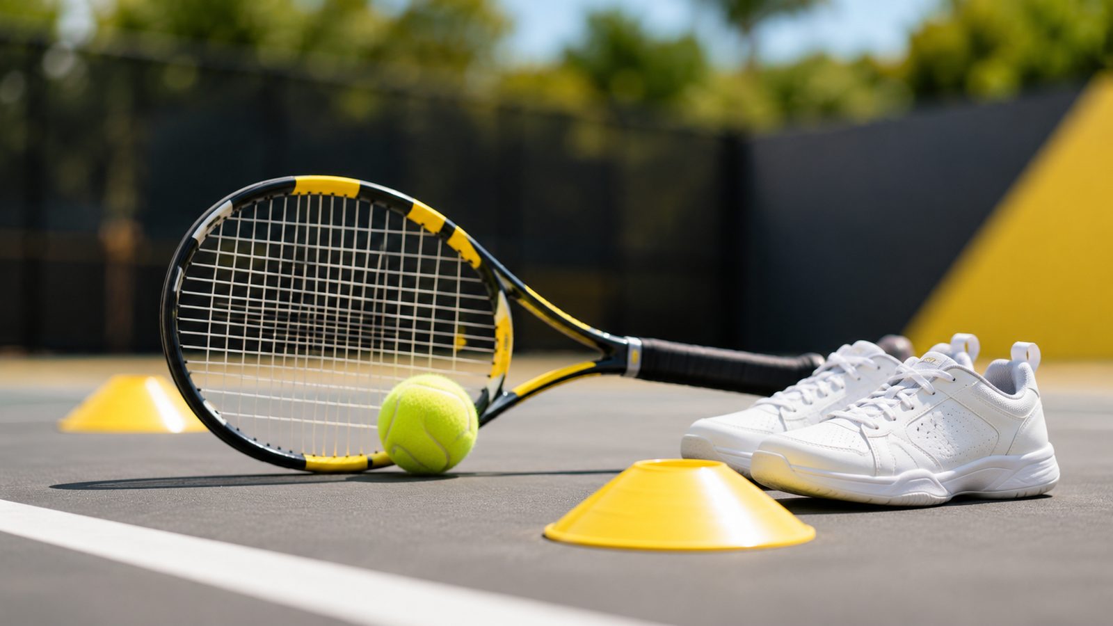 Racket, ball and cone ready courtside