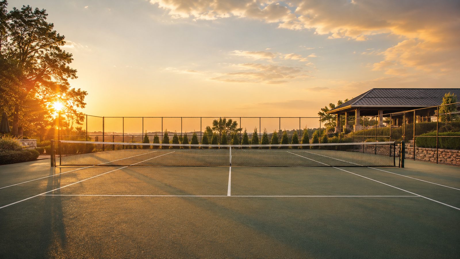 A tennis court glowing at golden hour