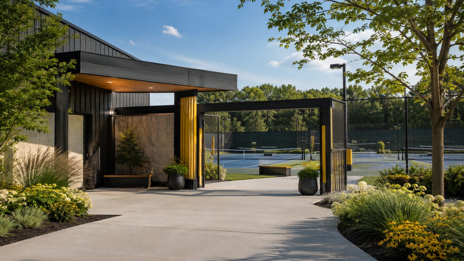 The modern clubhouse entrance at the courts