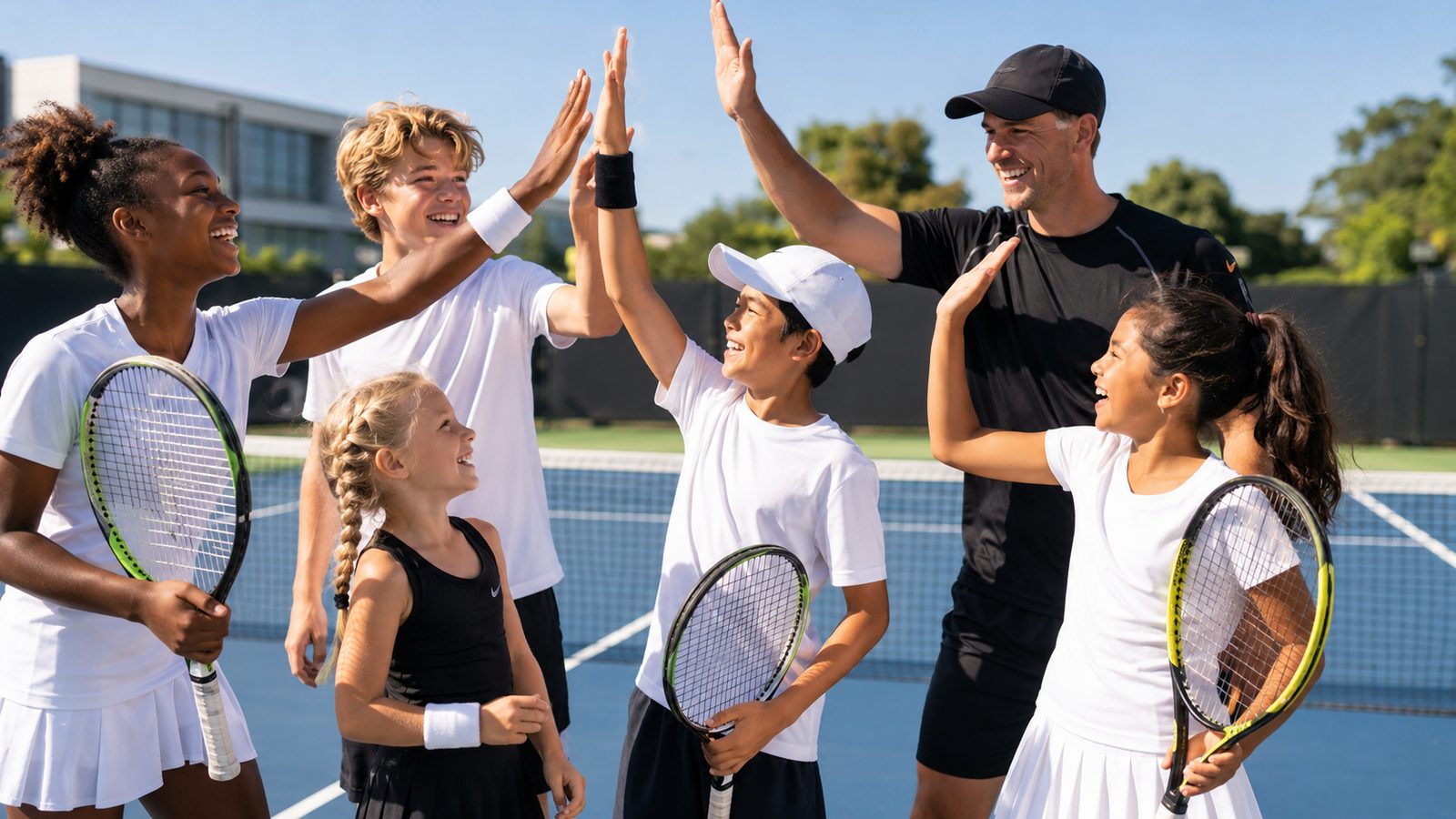 Players and coach sharing a celebratory high-five