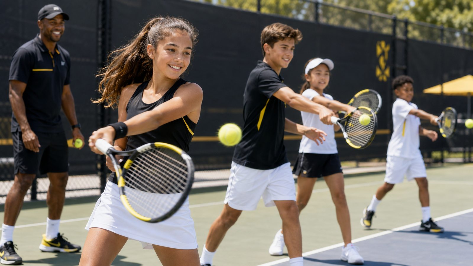 Two young players driving forehands during a rally