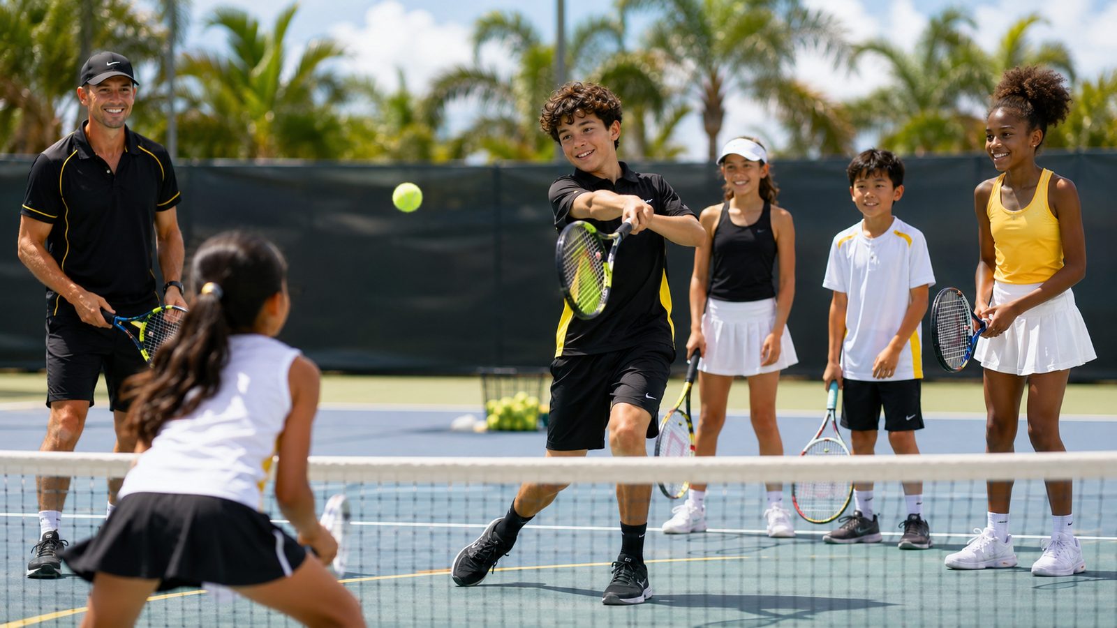 A young player driving a forehand at the net during an Advanced group class