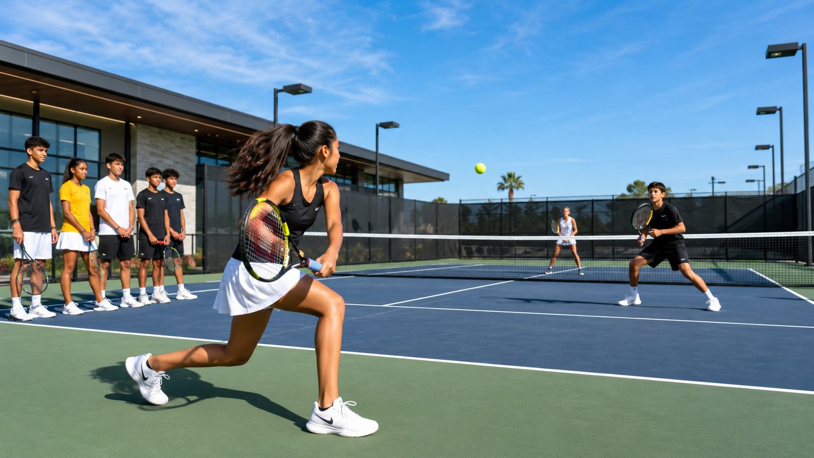 A player stretching for a volley on a sunny court