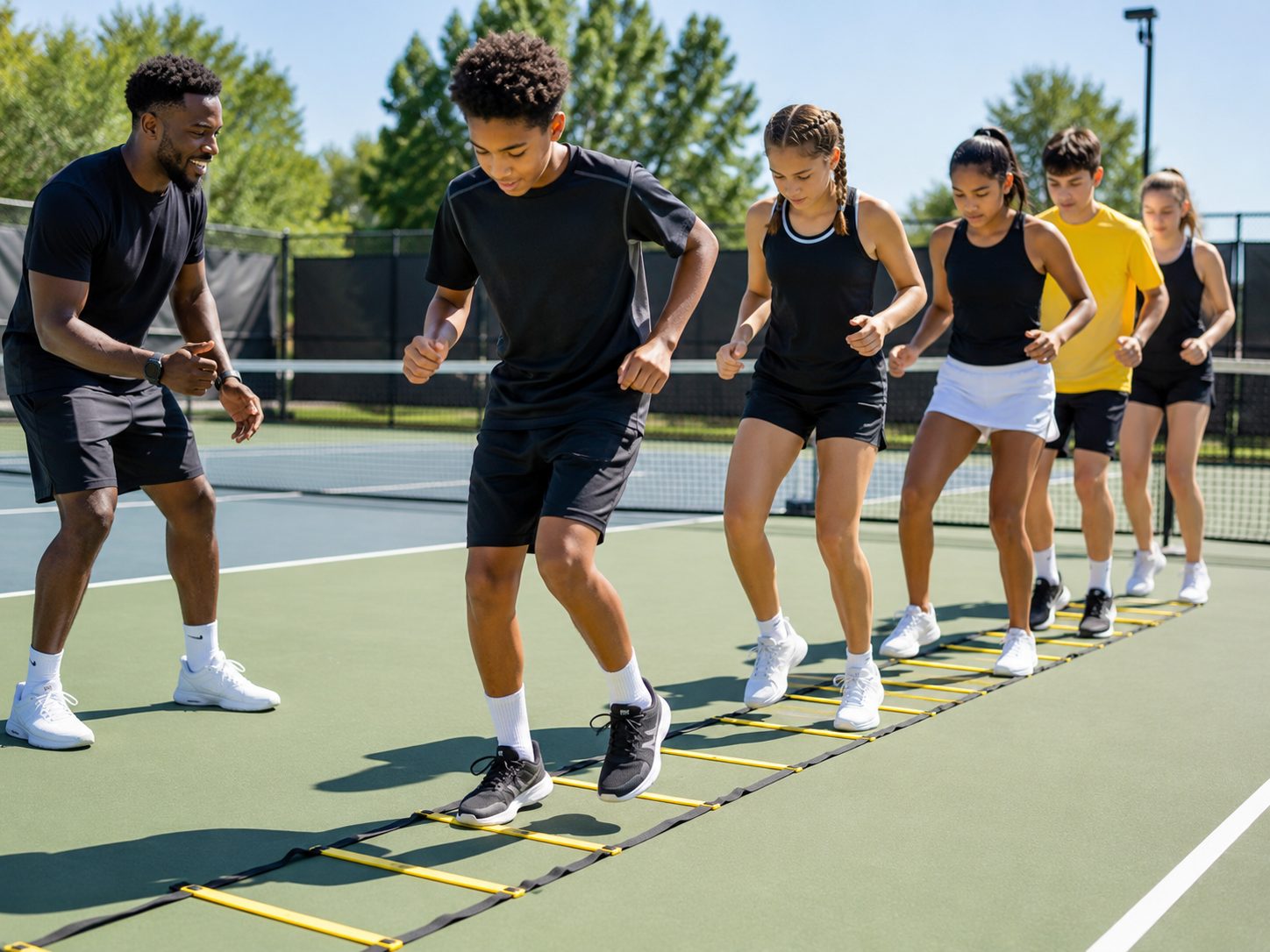 Players working through an agility ladder drill