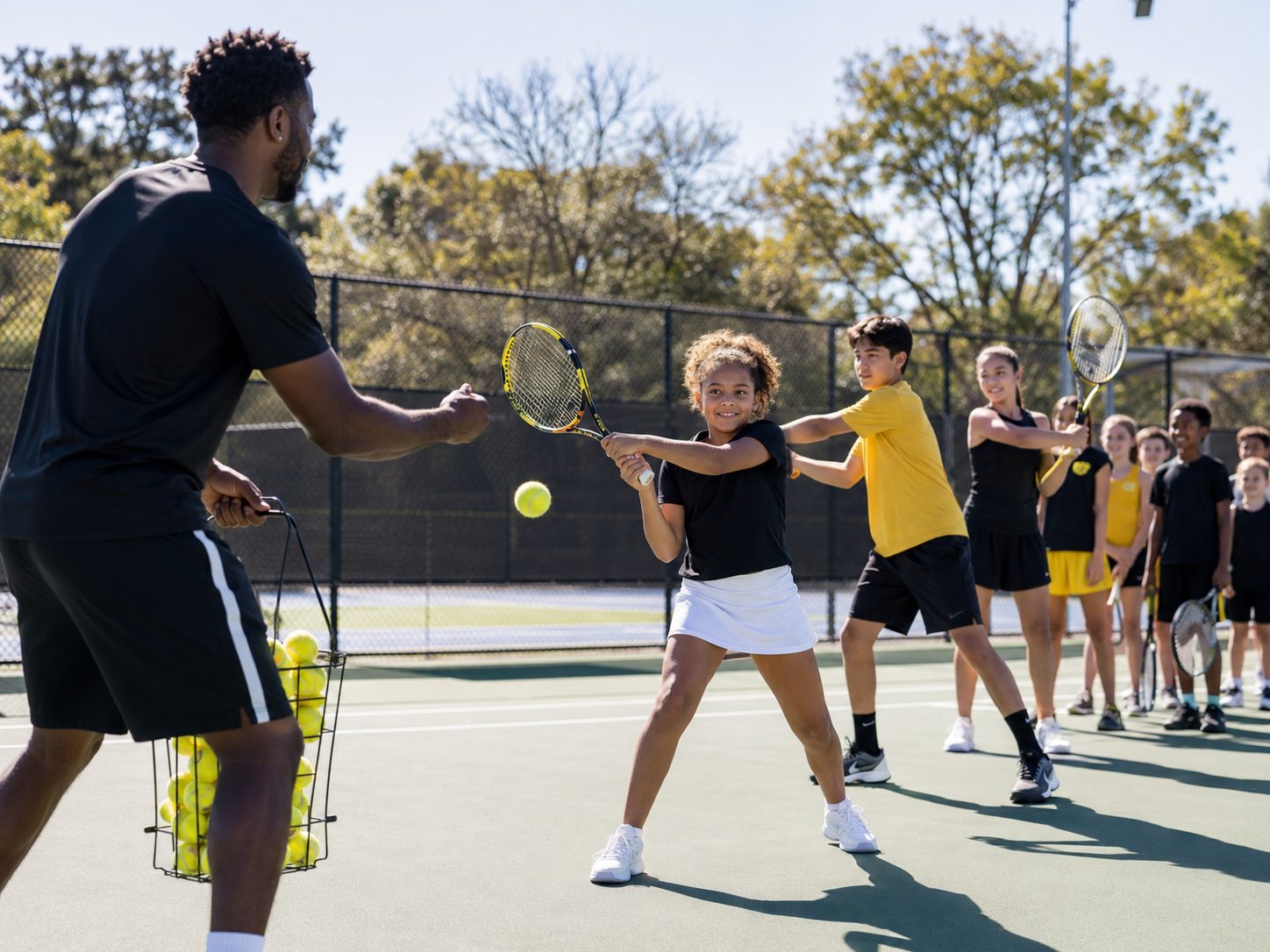 A coach gently guiding a young player through their first forehand during a Lil Pros class
