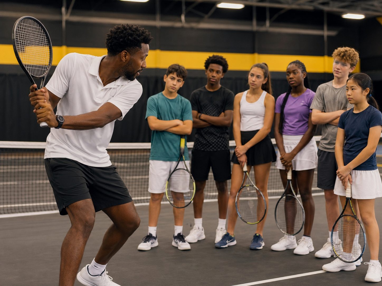 A coach demonstrating technique to focused Academy players on an indoor court