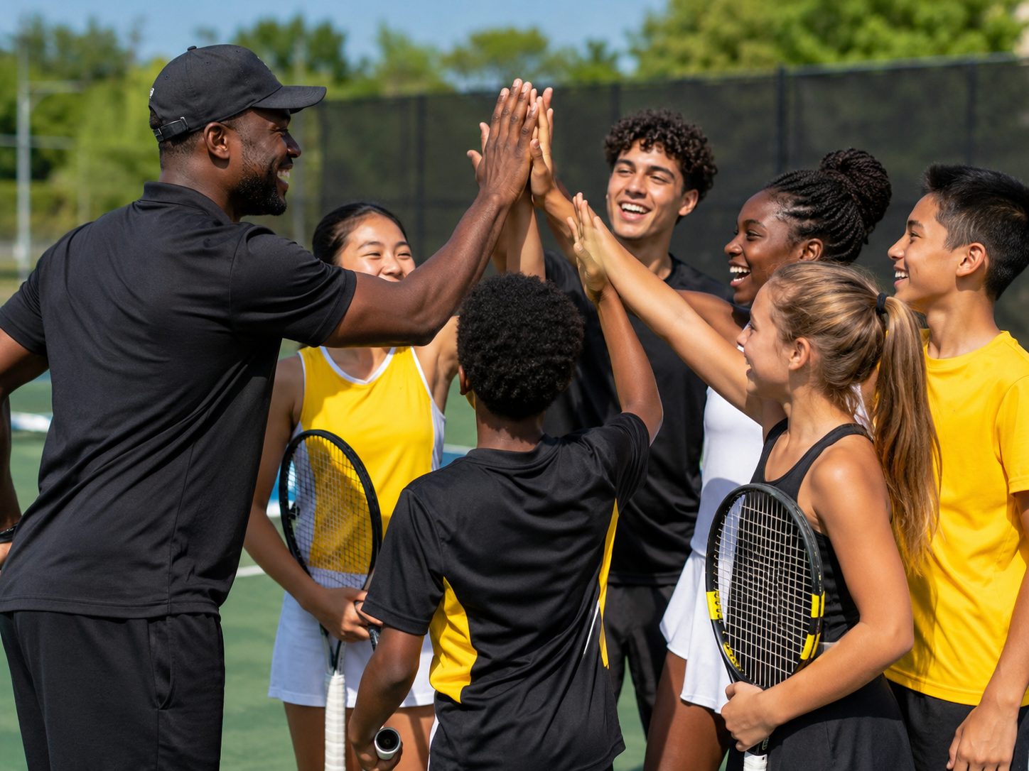 Coach Steve and a group of Tiny Tennis players celebrating with a high-five on the court