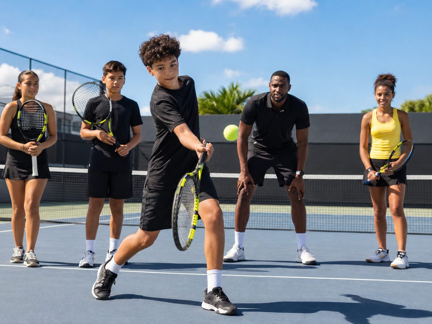 A young Tiny Tennis player hitting a backhand as their coach looks on, under a blue Los Angeles sky